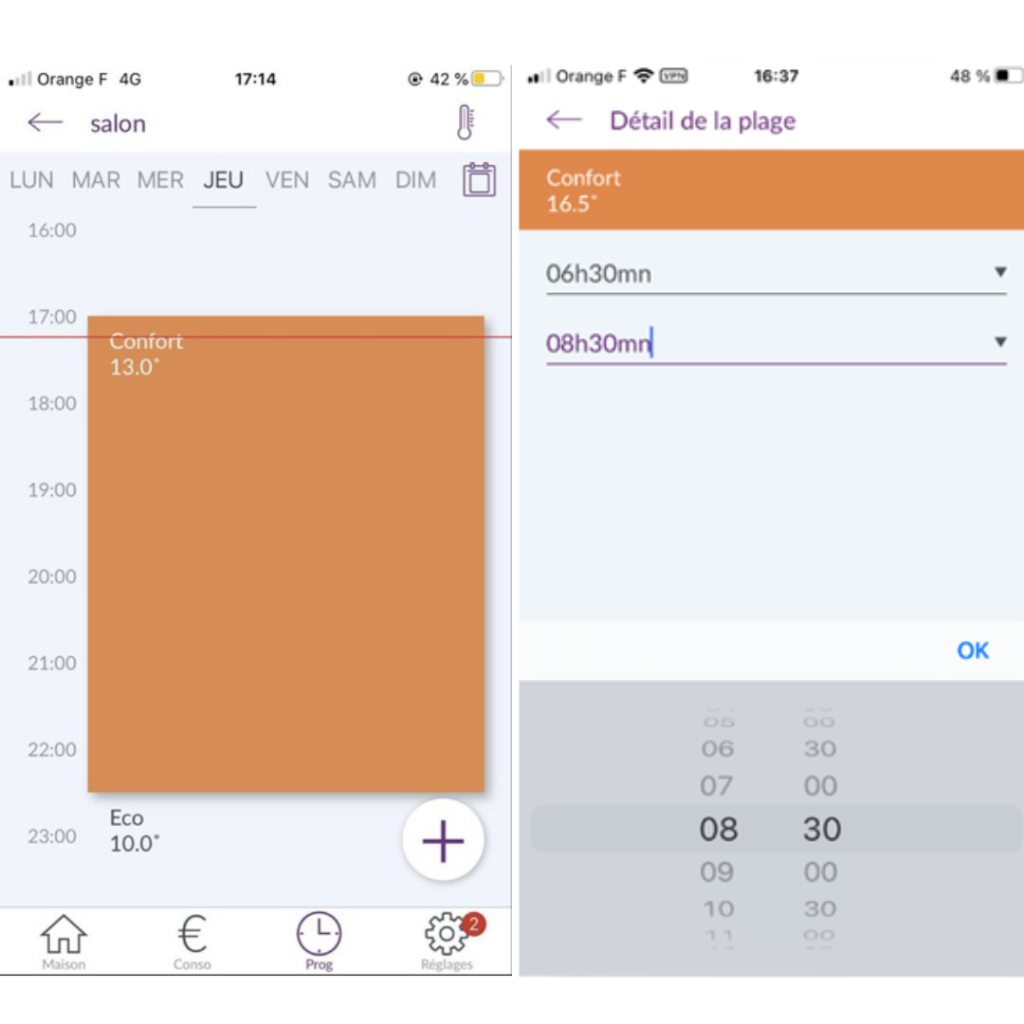 Application Cozytouch plage programmation